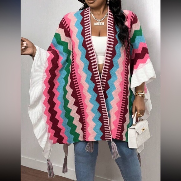 Luxe Plus Size Oversized Chevron Color Block Fringe Ruffle Knit Cape Cover Up - Picture 7 of 8